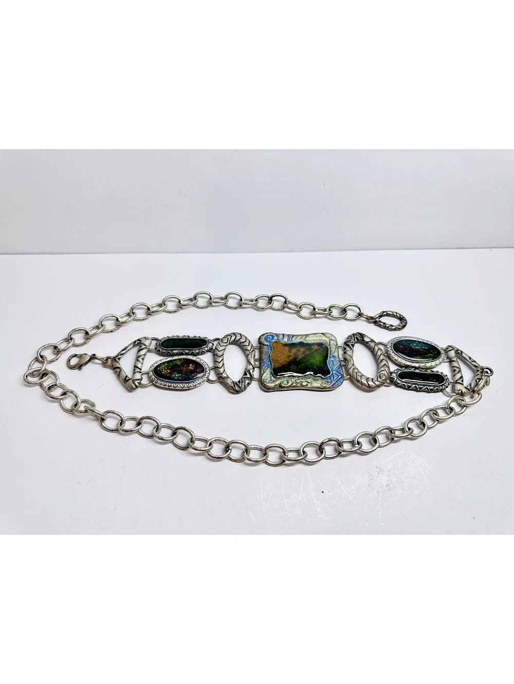 Vintage Chico’s Adjustable Chain Belt Enamel Dichroic Glass Metal Medallions
